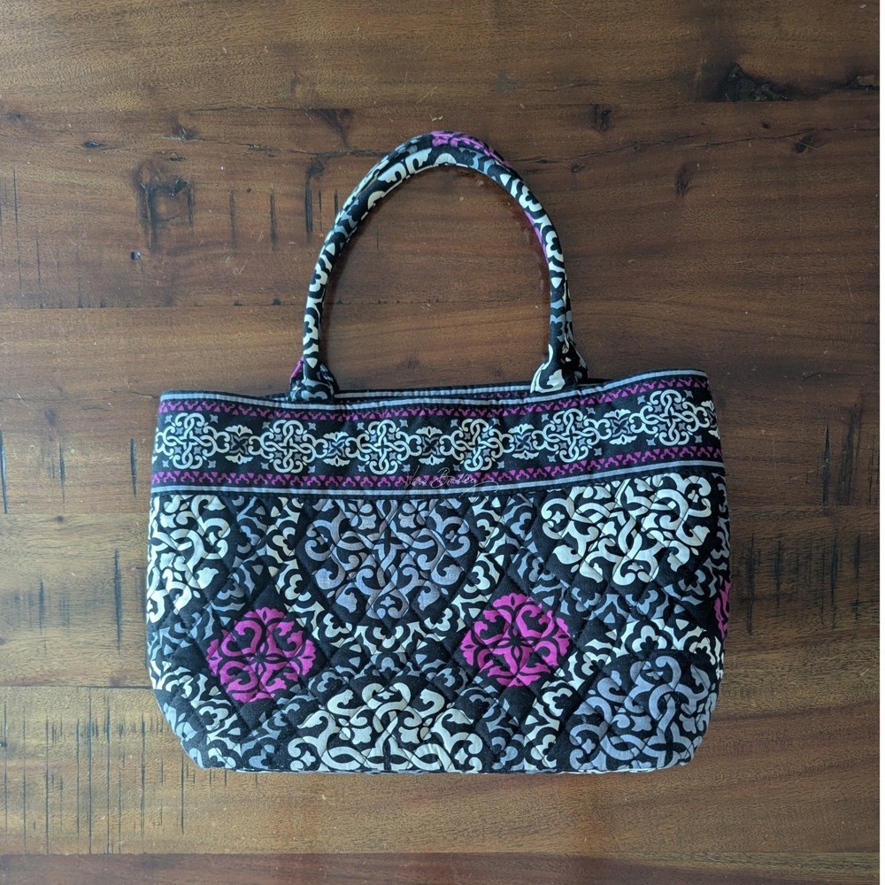 Vera Bradley Tote Shoulder Bag Black Magenta Retired Canterberry Quilted Cotton